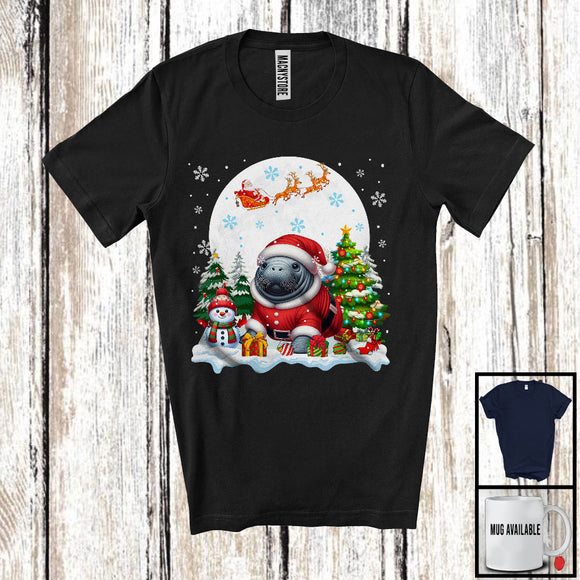 MacnyStore - Santa Manatee With X-mas Tree Snowman, Adorable Christmas Santa Wild Animal, Family Group T-Shirt