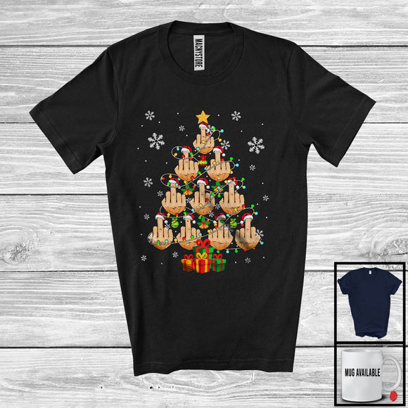 MacnyStore - Santa Middle Finger Christmas Tree; Sarcastic Anti Christmas Lights Adult; Family Group T-Shirt