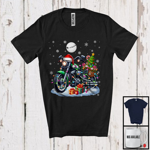 MacnyStore - Santa Motorcycle Carrying Christmas Tree; Awesome X-mas Lights Snowing; Biker Group T-Shirt