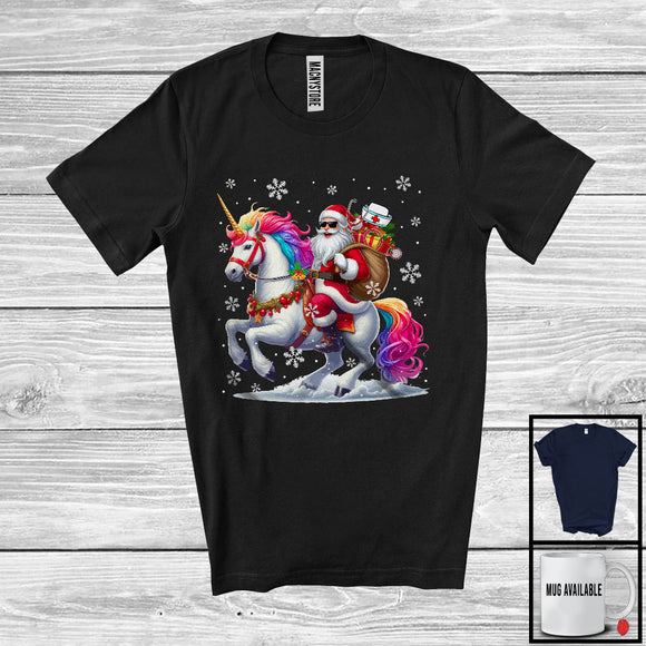 MacnyStore - Santa Nurse Riding Unicorn; Cheerful Christmas Snowing Proud Jobs; Nursing Nurse Group T-Shirt