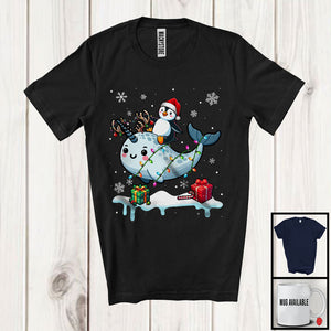 MacnyStore - Santa Penguin Riding Reindeer Narwhal; Adorable Christmas Lights Animal Lover; Snowing T-Shirt