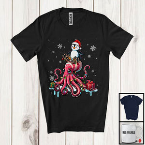 MacnyStore - Santa Penguin Riding Reindeer Octopus; Adorable Christmas Lights Animal Lover; Snowing T-Shirt