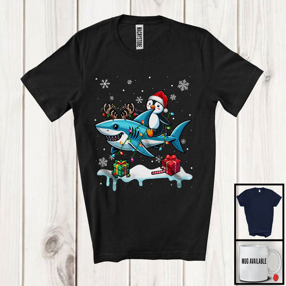 MacnyStore - Santa Penguin Riding Reindeer Shark; Adorable Christmas Lights Animal Lover; Snowing T-Shirt