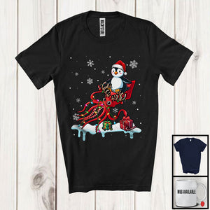 MacnyStore - Santa Penguin Riding Reindeer Squid; Adorable Christmas Lights Animal Lover; Snowing T-Shirt