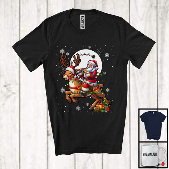 MacnyStore - Santa Playing Clarinet Riding Reindeer; Awesome Christmas Lights Clarinet Player; Musical Instruments T-Shirt