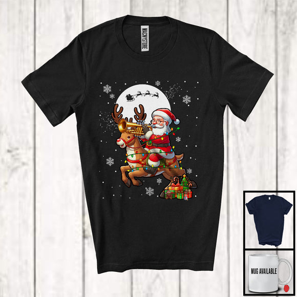 MacnyStore - Santa Playing Trumpet Riding Reindeer; Awesome Christmas Lights Trumpet Player; Musical Instruments T-Shirt