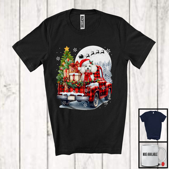 MacnyStore - Santa Poodle On Red Plaid Pickup Truck; Lovely Christmas Lights Tree; X-mas Moon Family T-Shirt