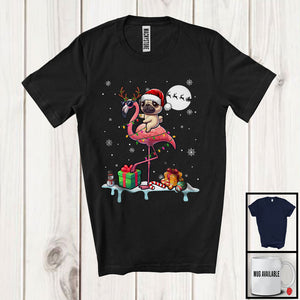 MacnyStore - Santa Pug Riding Reindeer Flamingo; Awesome Christmas Lights Animal; X-mas Snowing Around T-Shirt