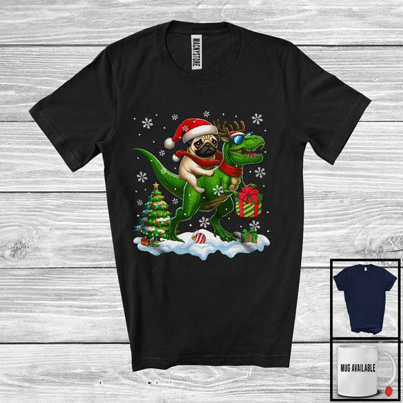 MacnyStore - Santa Pug Riding Reindeer T-Rex; Awesome Christmas Tree Dinosaur Lover; Snowing T-Shirt