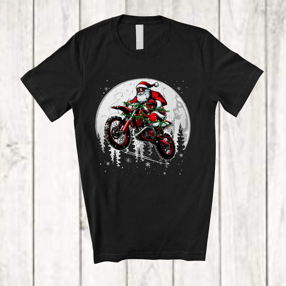 MacnyStore - Santa Racing On Dirt Bike; Joyful Christmas Lights Biker Lover; X-mas Moon Matching Family T-Shirt