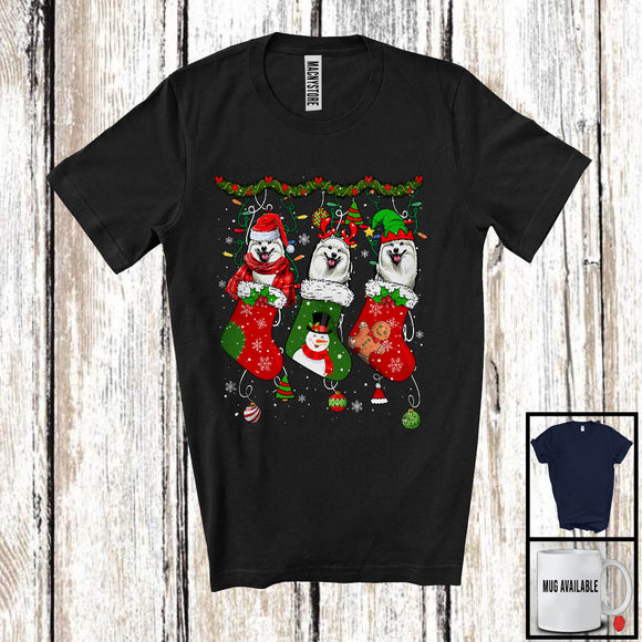 MacnyStore - Santa Reindeer Elf American Eskimo In Christmas Socks; Amusing X-mas Lights Dog Lover T-Shirt