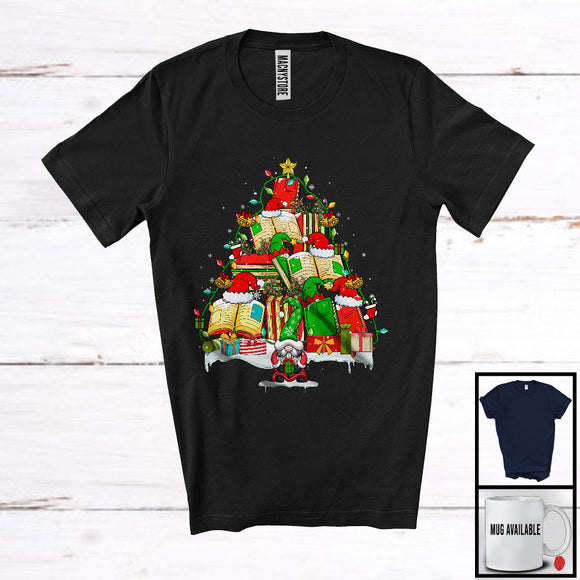 MacnyStore - Santa Reindeer Elf Books Christmas Tree; Lovely X-mas Lights Gnome; Book Nerd Librarian Teacher T-Shirt