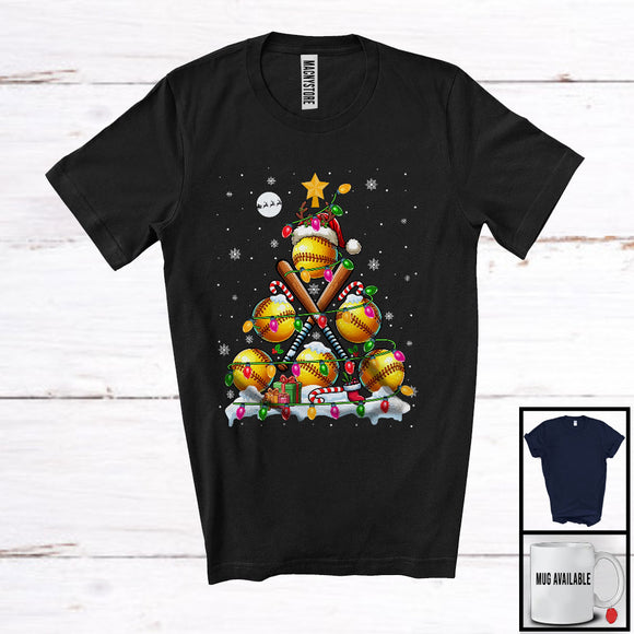 MacnyStore - Santa Reindeer Softball Christmas Tree, Amazing X-mas Lights Snow, Sport Player Team T-Shirt