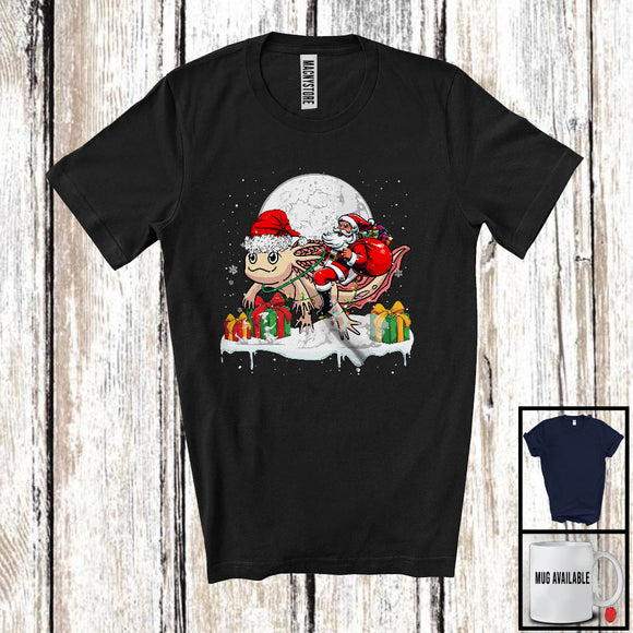 MacnyStore - Santa Riding Axolotl; Adorable Christmas Lights Moon Santa Axolotl; X-mas Animal Lover T-Shirt