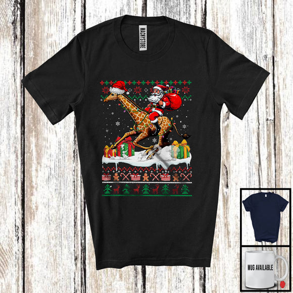 MacnyStore - Santa Riding Giraffe; Adorable Christmas Lights Sweater Santa Giraffe; X-mas Animal Lover T-Shirt