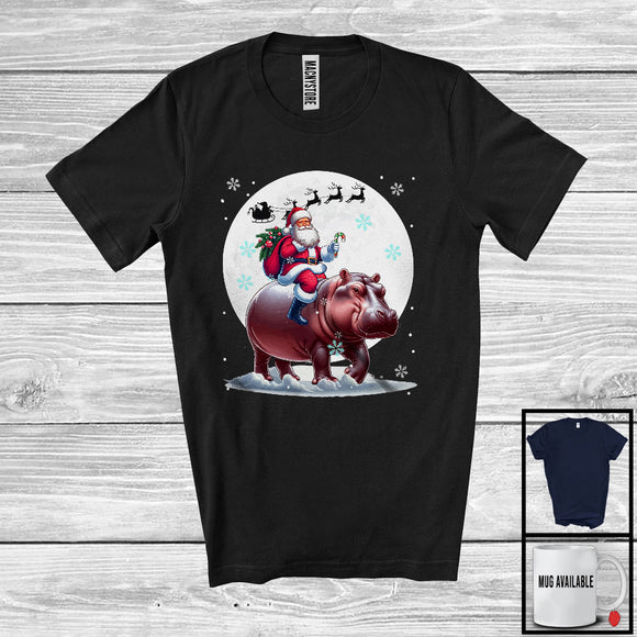 MacnyStore - Santa Riding Hippo, Merry Christmas Moon Snow Hippo Wild Animal Lover, X-mas Group T-Shirt