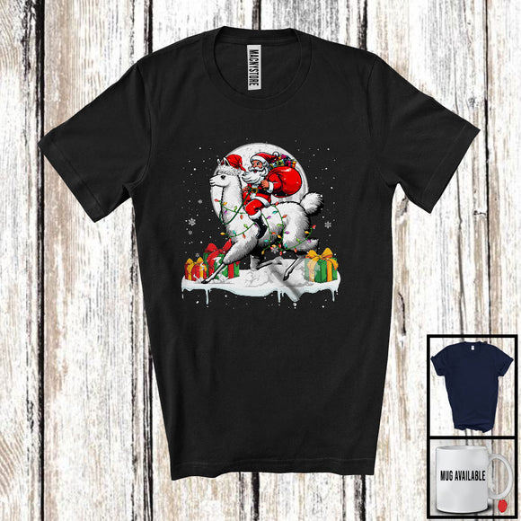 MacnyStore - Santa Riding Llama; Adorable Christmas Lights Moon Santa Llama; X-mas Animal Lover T-Shirt