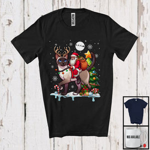 MacnyStore - Santa Riding Siamese Cat Reindeer; Humorous Christmas Tree Lights Santa; Family Group T-Shirt