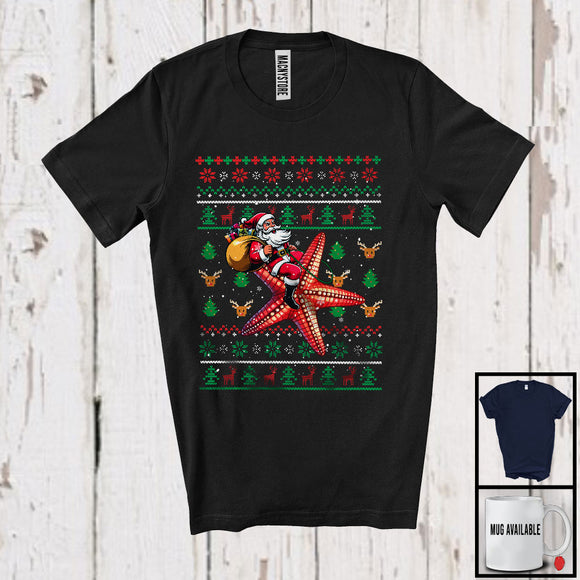 MacnyStore - Santa Riding Starfish Fish; Amazing Christmas Sweater Fish Lover; X-mas Lights Animal T-Shirt