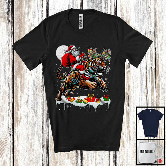 MacnyStore - Santa Riding Tiger Reindeer; Amusing Christmas Lights Santa Tiger Animal; Snowing T-Shirt