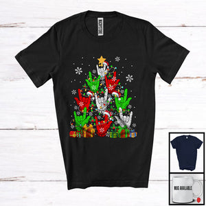 MacnyStore - Santa Rock Sign Hand Christmas Tree; Amazing Christmas Lights Rock ASL Sign Language; Family T-Shirt