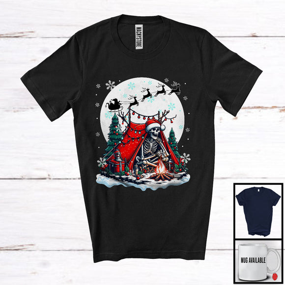 MacnyStore - Santa Skeleton Camping; Fantastic Christmas Moon Tree Skeleton Lover; X-mas Family Group T-Shirt