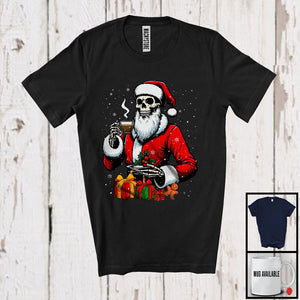 MacnyStore - Santa Skeleton Drinking Coffee; Humorous Christmas Smiling Skull; Coffee Latte Snowing T-Shirt