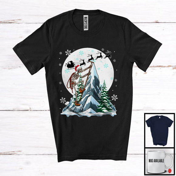 MacnyStore - Santa Skeleton Mountain Climbing; Fantastic Christmas Moon Tree Skeleton Lover; Family Group T-Shirt