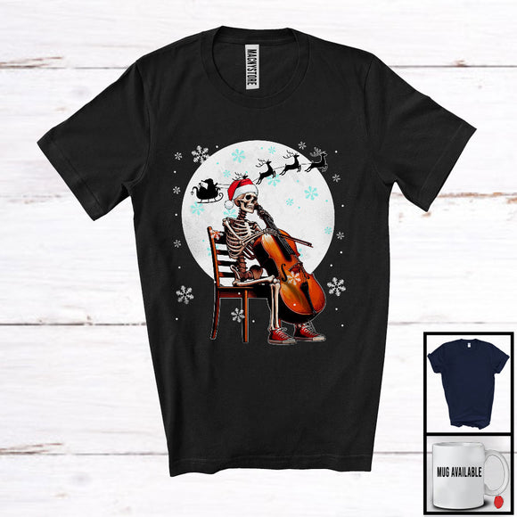 MacnyStore - Santa Skeleton Playing Cello; Fantastic Christmas Moon Tree Skeleton; Musical Instruments Player T-Shirt