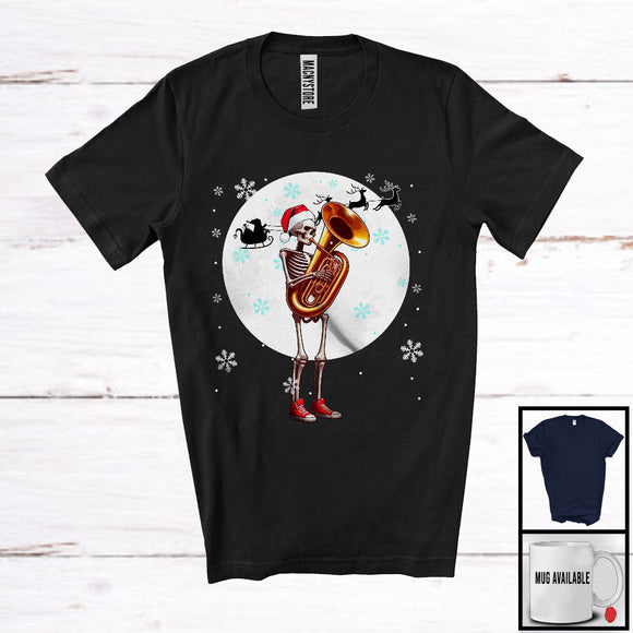 MacnyStore - Santa Skeleton Playing Tuba; Fantastic Christmas Moon Tree Skeleton; Musical Instruments Player T-Shirt