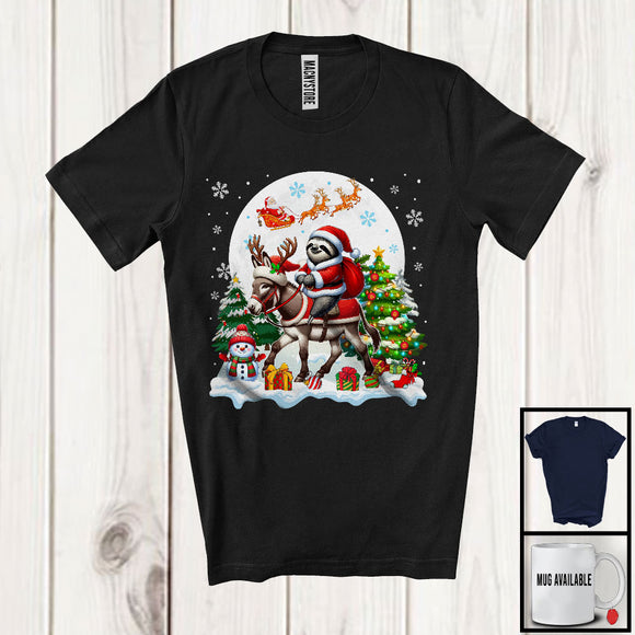 MacnyStore - Santa Sloth Riding Donkey; Amazing Christmas Moon Tree Lights; Santa Farm Animal T-Shirt