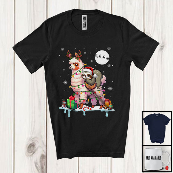 MacnyStore - Santa Sloth Riding Reindeer Llama; Awesome Christmas Lights Animal; X-mas Snowing Around T-Shirt