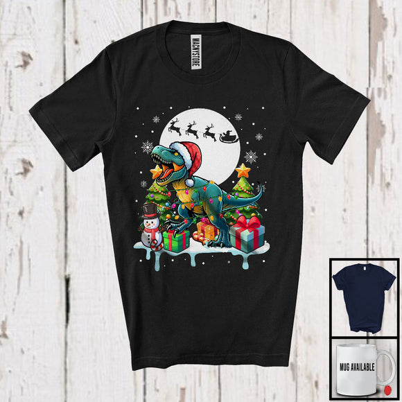 MacnyStore - Santa T-Rex; Adorable Christmas Lights Tree Plaid Santa T-Rex Dinosaur Lover; Family Group T-Shirt