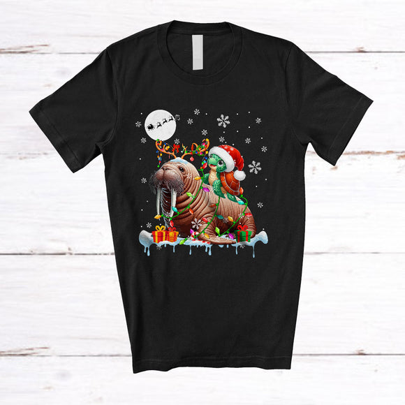 MacnyStore - Santa Turtle Riding Reindeer Walrus; Amusing Christmas Lights Sea Animal Lover; Family T-Shirt