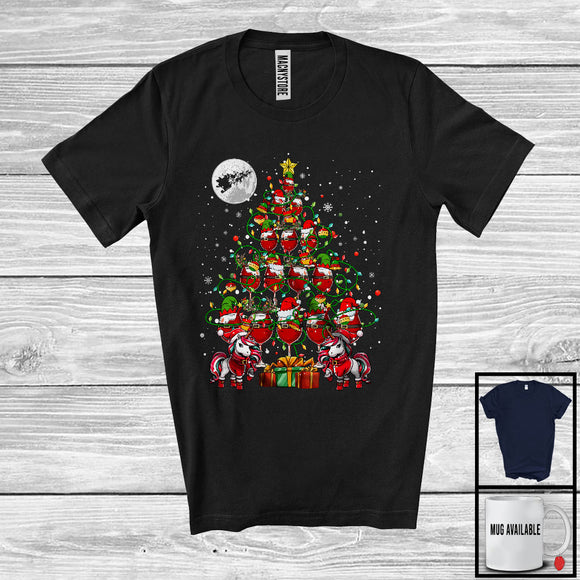 MacnyStore - Santa Unicorn And Wine Glasses Christmas Tree; Cheerful X-mas Drinking Drunker; Family T-Shirt