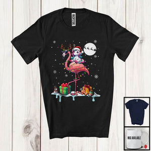 MacnyStore - Santa Unicorn Riding Reindeer Flamingo; Awesome Christmas Lights Animal; X-mas Snowing Around T-Shirt