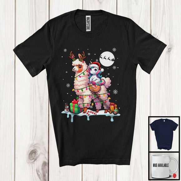 MacnyStore - Santa Unicorn Riding Reindeer Llama; Awesome Christmas Lights Animal; X-mas Snowing Around T-Shirt