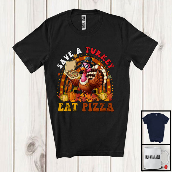 MacnyStore - Save A Turkey Eat Pizza; Awesome Thanksgiving Plaid Rainbow Turkey; Pizza Food Lover T-Shirt