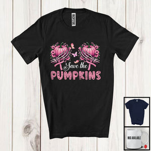 MacnyStore - Save The Pumpkin, Floral Thanksgiving Skeleton Hands Pumpkins, Flowers Butterflies Family T-Shirt