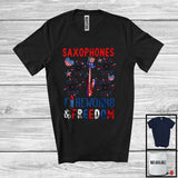 MacnyStore - Saxophones Fireworks And Freedom, Proud 4th Of July American Flag Musical Instruments, Patriotic T-Shirt