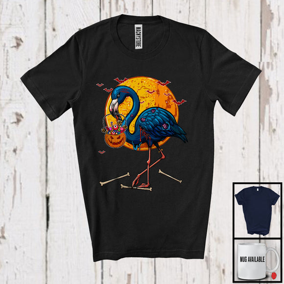 MacnyStore - Scary Moon Flamingo Zombie With Carved Pumpkin Candy, Happy Halloween Flamingo Lover T-Shirt