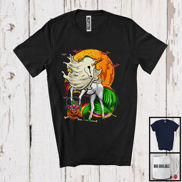 MacnyStore - Scary Moon Unicorn Ghost With Carved Pumpkin Candy, Happy Halloween Unicorn Lover T-Shirt