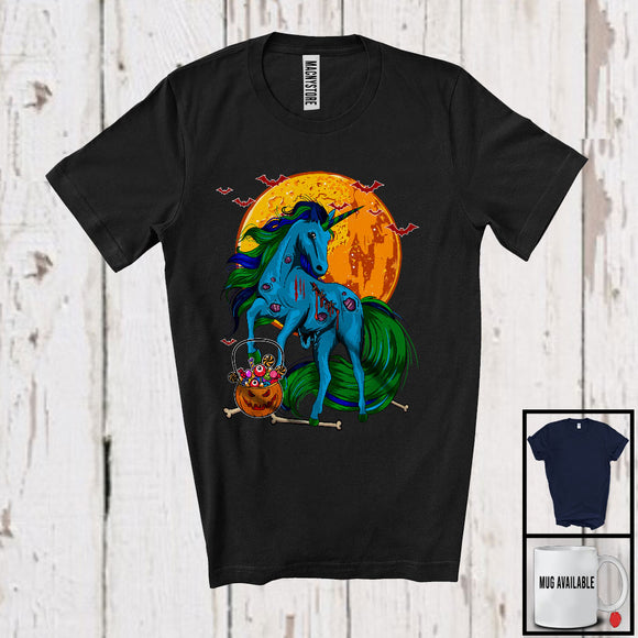 MacnyStore - Scary Moon Unicorn Zombie With Carved Pumpkin Candy, Happy Halloween Unicorn Lover T-Shirt