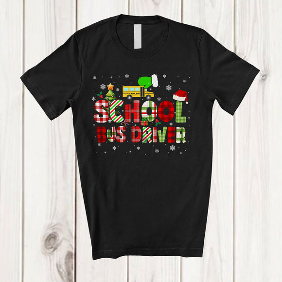 MacnyStore - School Bus Driver; Colorful Christmas Lights Plaid Green Santa Hand; School Bus Driver Squad T-Shirt