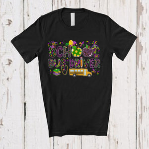 MacnyStore - School Bus Driver; Joyful Mardi Gras Jester Hat Beads School Bus Driver; Plaid Jobs Careers Family T-Shirt