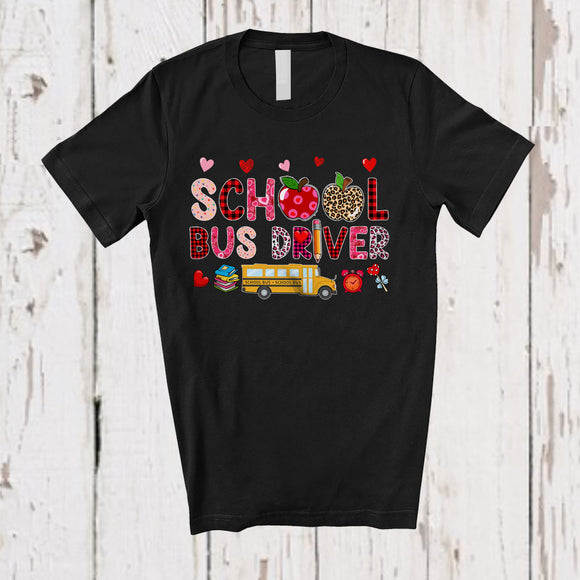 MacnyStore - School Bus Driver; Lovely Valentine's Day Leopard Plaid Hearts School Bus; Proud Jobs Careers Family T-Shirt