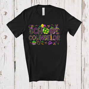 MacnyStore - School Counselor; Joyful Mardi Gras Jester Hat Beads Pencil School Counselor; Plaid Jobs Careers T-Shirt