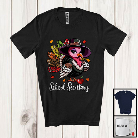 MacnyStore - School Secretary; Amazing Thanksgiving Leopard Turkey Girl Women; Proud Jobs Family Group T-Shirt