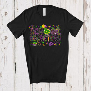 MacnyStore - School Secretary; Joyful Mardi Gras Jester Hat Beads Pencil School Secretary; Plaid Jobs Careers T-Shirt