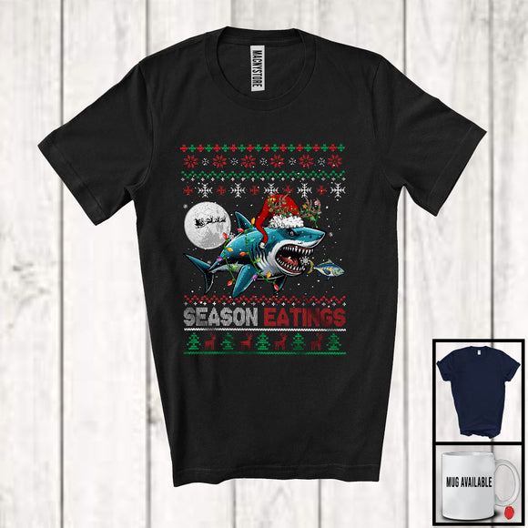 MacnyStore - Season Eatings; Amazing Christmas Lights Santa Reindeer Shark Hunting; X-mas Moon Sweater T-Shirt